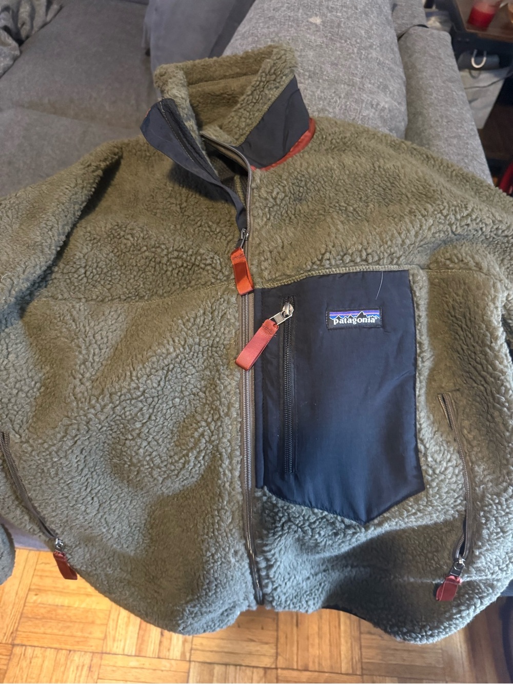 Patagonia Kids Olive Green Sherpa Fleece Jacket with Black Chest Pocket